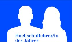 Silhouetten von zwei Personen und Text Hochschullehrer/in des Jahres auf blauem Hintergrund.