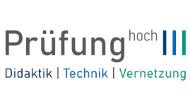 Logo mit Text: Prüfung hoch III. Darunter steht: Didaktik | Technik | Vernetzung in unterschiedlichen Farben.