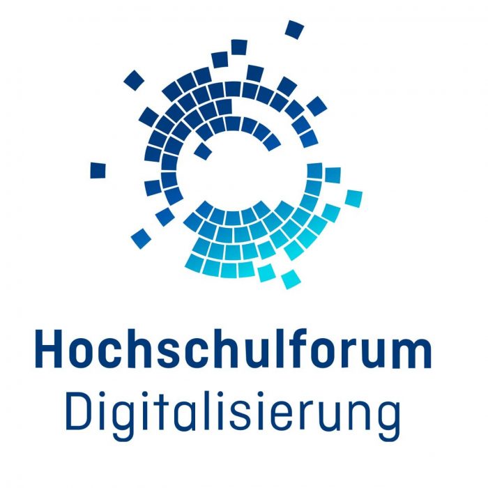 Logo des Hochschulforums Digitalisierung mit blauem, kreisförmigem Pixelmuster über dem Schriftzug.