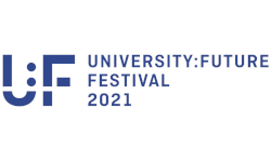 Logo des University:Future Festival 2021, blauer Text auf weißem Hintergrund.