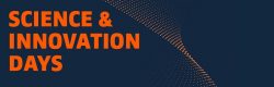 Text Science & Innovation Days in Orange auf dunkelblauem Hintergrund mit Muster aus orangefarbenen Punkten.