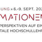Text: 50. dghd-Jahrestagung Transformationen, Perspektiven auf eine postdigitale Hochschullehre mit abstrakter, farbiger Form rechts daneben.