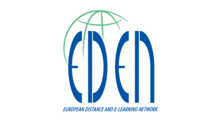 Logo des European Distance and E-Learning Network (EDEN) mit stilisiertem Globus darüber und blauem Schriftzug darunter.