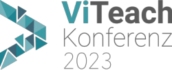 Logo der ViTeach Konferenz 2023 in Blau- und Grautönen mit geometrischem Muster links neben dem Schriftzug.