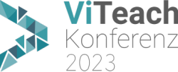 Logo der ViTeach Konferenz 2023 mit abstraktem, blauem Dreiecksmuster links neben dem Schriftzug.