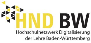 Logo von HND BW mit gelbem und schwarzem Text: „Hochschulnetzwerk Digitalisierung der Lehre Baden-Württemberg“.