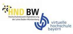 Logos von HND-BW und virtuelle Hochschule Bayern. HND-BW in Gelb-Schwarz, virtuelle Hochschule Bayern in Blau.