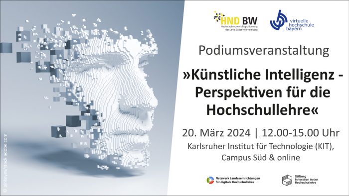 Logo der Podiumsveranstaltung zusammen mit Titel "Künstliche Intelligenz-Perspektiven für die Hochschullehre"