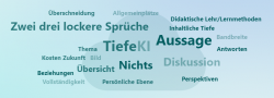 Wortwolke mit Begriffen wie Aussage, Tiefe KI, Diskussion, Nichts, Zwei drei lockere Sprüche auf blauem Hintergrund.