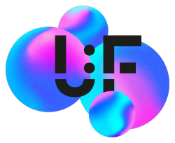 Bunte, schwebende Kugeln mit den schwarzen Buchstaben „U:F“ vorne drauf, vor schwarzem Hintergrund.