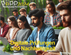 Gruppe von jungen Erwachsenen, die an Laptops arbeiten. Text: PePP 2024 Netzwerktreffen. Digitale Prüfungen und Nachhaltigkeit.