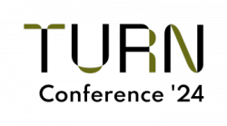 Logo mit dem Text Turn Conference '24 in stilisierter, dünner Schrift, Buchstaben in einem Olivfarbton gestaltet.