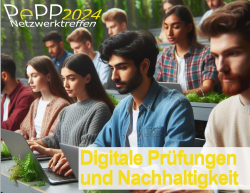 Eine Gruppe von Menschen arbeitet an Laptops bei einem PePP 2024 Netzwerktreffen. Text: Digitale Prüfungen und Nachhaltigkeit.