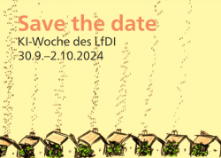 Text Save the date: KI-Woche des LfDI, 30.9.–2.10.2024 über Häuserreihe mit aufsteigendem Code im Hintergrund.
