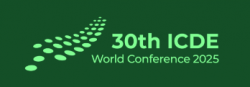 Grünes Logo der 30. ICDE-Weltkonferenz 2025 mit Muster in Wellenform links und Text in leuchtendem Grün.