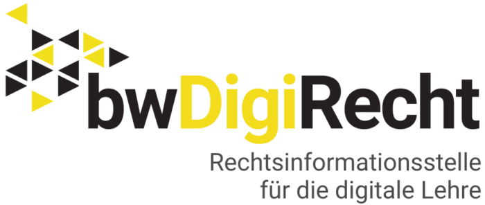 Logo von bwDigiRecht mit schwarzen und gelben Dreiecken, Text: bwDigiRecht - Rechtsinformationsstelle für die digitale Lehre.