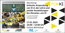 Workshop-Ankündigung zur Anwendung von KI in der Lehre, Nachholtermin am 17.01.2025, 10-13 Uhr, online.