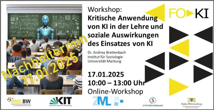 Workshop-Ankündigung zur Anwendung von KI in der Lehre, Nachholtermin am 17.01.2025, 10-13 Uhr, online.