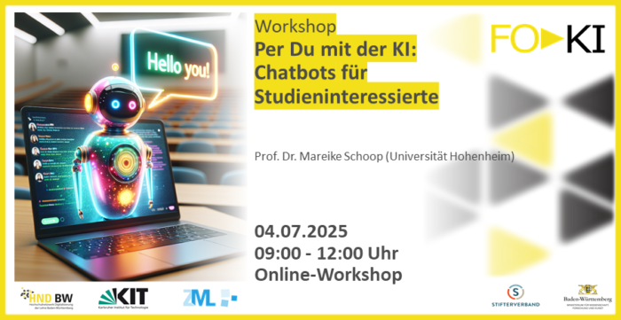 Online-Workshop-Flyer: KI-Chatbots für Studieninteressierte, 04.07.2025, 9-12 Uhr, mit Prof. Dr. Mareike Schoop.