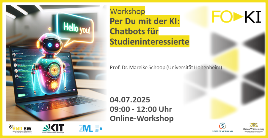 Online-Workshop-Flyer: KI-Chatbots für Studieninteressierte, 04.07.2025, 9-12 Uhr, mit Prof. Dr. Mareike Schoop.