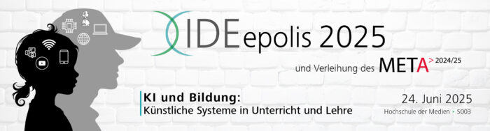 Silhouetten mit Technologie-Icons, Text: Ideopolis 2025, KI und Bildung, Veranstaltung am 24. Juni 2025.