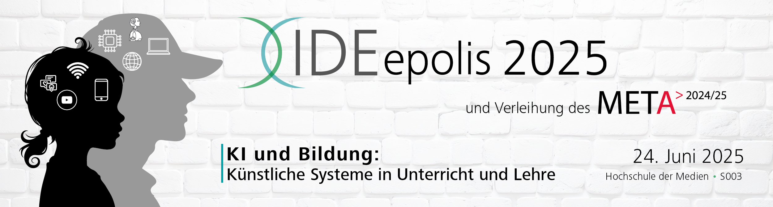 Silhouetten mit Technologie-Icons, Text: Ideopolis 2025, KI und Bildung, Veranstaltung am 24. Juni 2025.