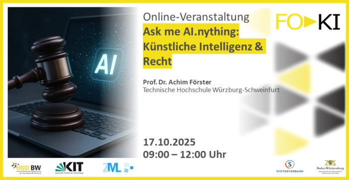 Online-Veranstaltung: KI und Recht mit Prof. Dr. Achim Förster am 17.10.2025 von 09:00–12:00 Uhr, Laptop und Richterhammer.