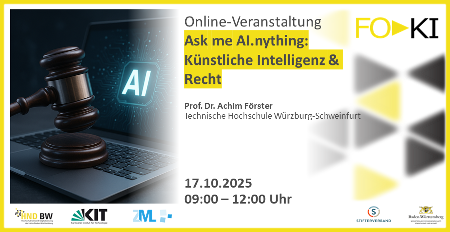 Online-Veranstaltung: KI und Recht mit Prof. Dr. Achim Förster am 17.10.2025 von 09:00–12:00 Uhr, Laptop und Richterhammer.