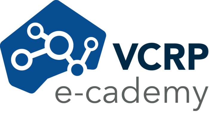Logo der VCRP e-cademy mit blauer Molekülstruktur auf Hintergrund und Schriftzug VCRP e-cademy daneben.