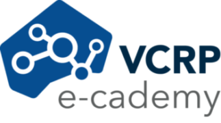 Logo der VCRP e-cademy mit blauer Molekülstruktur auf Hintergrund und Schriftzug VCRP e-cademy daneben.
