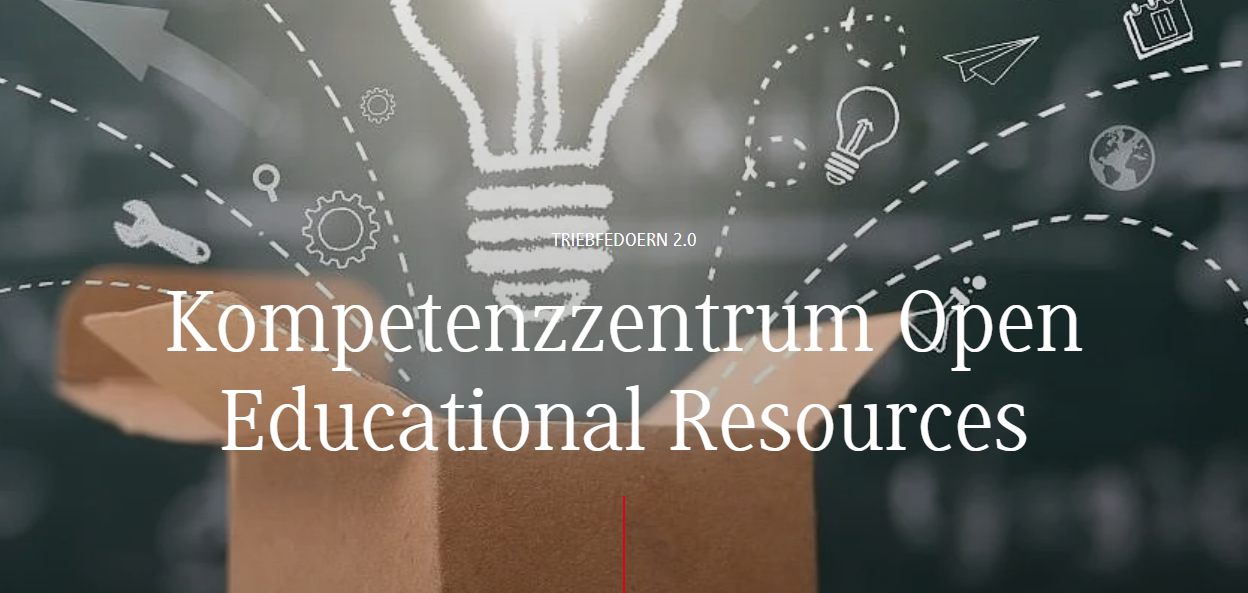 Geöffnete Schachtel mit herauskommender Glühbirne und Symbolen. Text: Kompetenzzentrum Open Educational Resources.