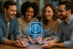 Vier Personen lächeln und blicken auf ein holografisches AI-Symbol über ihren Händen, das neuronale Verbindungen zeigt.