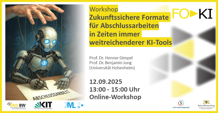 FOKI-Gimpel Roboter schreibt Abschlussarbeit. Workshop zu Abschlussformate mit KI-Tools, 12.09.2025, 13-15 Uhr, online.