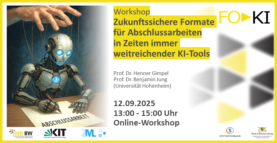 FOKI-Gimpel Ein Roboter in blauem Licht schreibt eine Abschlussarbeit; Text über einen KI-Workshop am 12.09.2025; Logos unten.