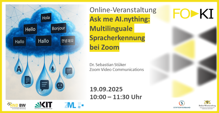 Online-Veranstaltungsplakat mit Wolken und Begrüßungen in verschiedenen Sprachen, Informationen zu einer Zoom-Sitzung.