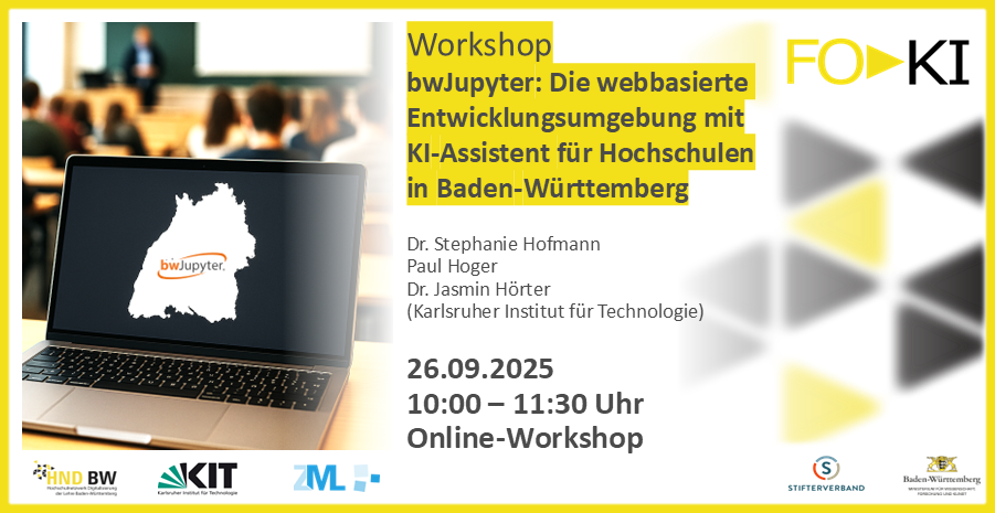 Online-Workshop „bwJupyter: KI-Assistent für Hochschulen in BW“, 26.09.2025, 10-11:30 Uhr. Laptop mit bwJupyter-Logo.