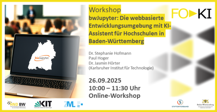 Online-Workshop: bwJupyter KI-Assistenz für Hochschulen am 26.09.2025, 10:00–11:30 Uhr. Veranstalter: KIT, HND BW.