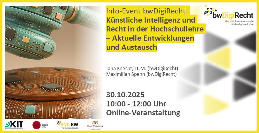 InfoEvent_bwDigiRecht Info-Event zu KI und Recht in der Hochschullehre am 30.10.2025, 10-12 Uhr online, mit tech. Illustrationen und Logos.