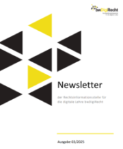 Newsletter-Cover der Rechtsinformationsstelle bwDigiRecht mit gelben und schwarzen Dreiecken, Ausgabe 03/2025.