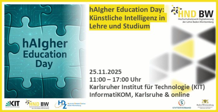 Plakat für hAIgher Education Day am 25.11.2025 über KI in Bildung, KIT Karlsruhe, mit Online-Teilnahmeoption.