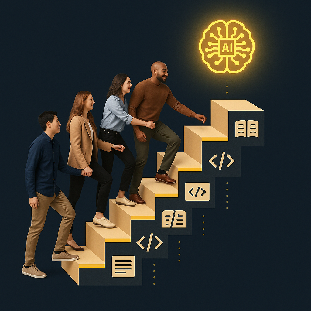 Vier Personen steigen eine Treppe auf, die von AI-Symbolen begleitet wird, mit einem leuchtenden AI-Brain-Symbol oben.