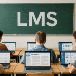 Schüler in einem Klassenzimmer nutzen Laptops, während auf einer Tafel das Wort „LMS“ steht. Eine Uhr hängt an der Wand.