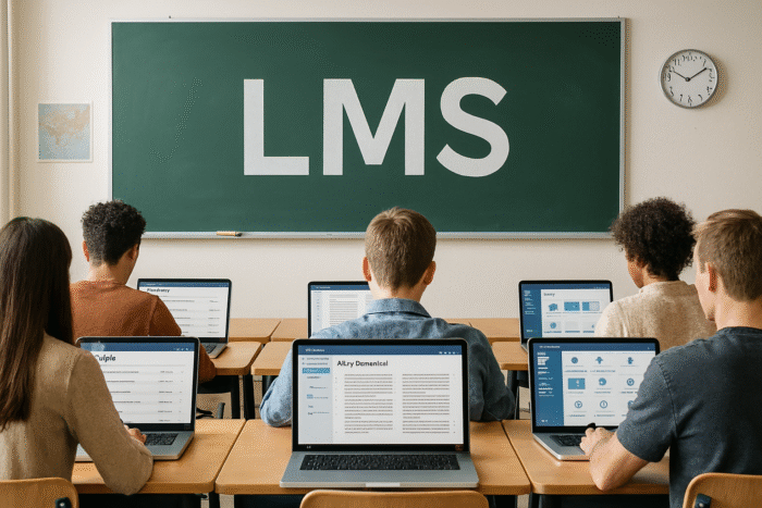 Schüler in einem Klassenzimmer nutzen Laptops, während auf einer Tafel das Wort „LMS“ steht. Eine Uhr hängt an der Wand.