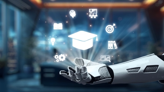 AI-Pioneers-Conference Roboterhand hält schwebende Symbole: Buch, Gehirn, Zielscheibe, Lampe, Diplom, Zahnräder, Dokumente und Analysegrafik.