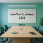 Konferenzraum mit blaugrünen Wänden, einem Tisch, sechs Stühlen und einem Schild: Lehr-/Lernkonferenz 2025.