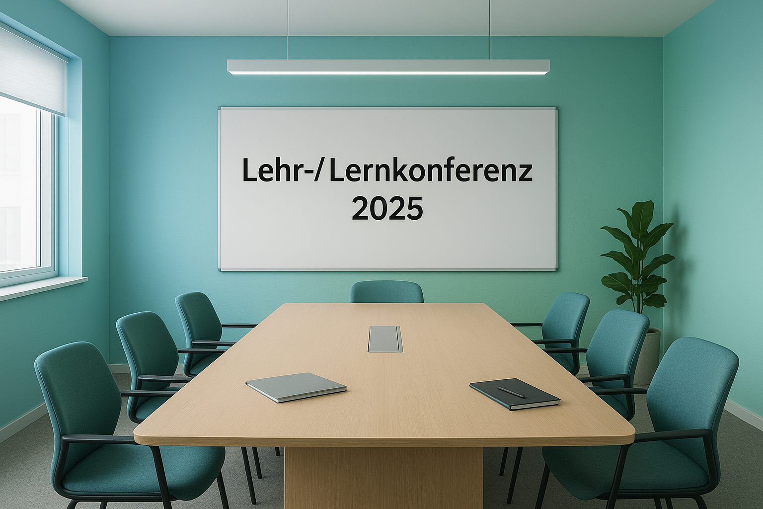 LLK Konferenzraum mit blaugrünen Wänden, einem Tisch, sechs Stühlen und einem Schild: Lehr-/Lernkonferenz 2025.