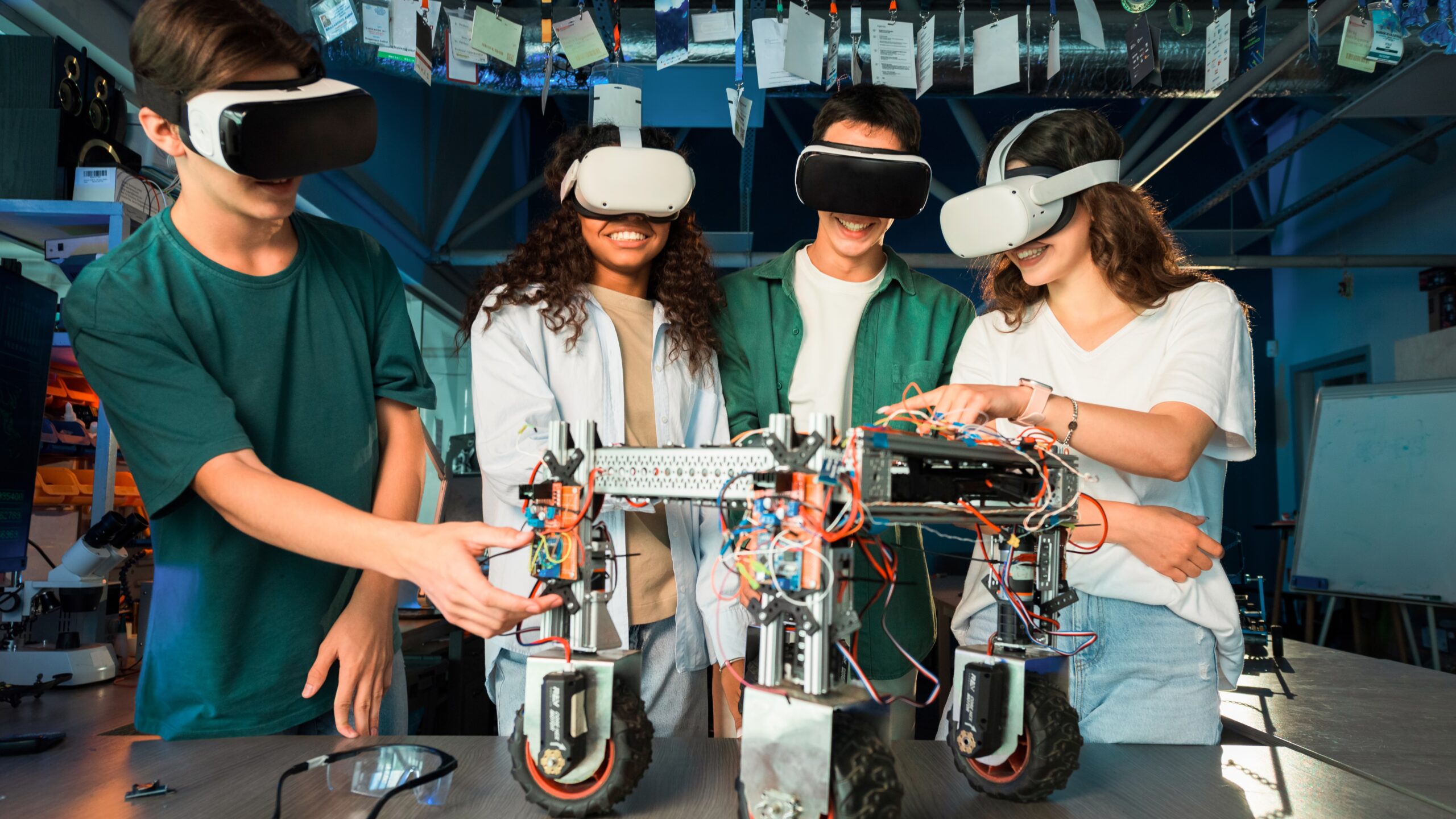 gruppejungermenschenmitvrbrille Vier junge Personen mit VR-Headsets interagieren mit einem Roboter in einer technischen Umgebung.