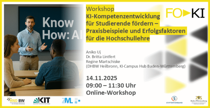 Workshop-Ankündigung zu KI-Kompetenz für Studierende, Online am 14.11.2025, 09:00–11:30 Uhr, Veranstalter-Logos sichtbar.