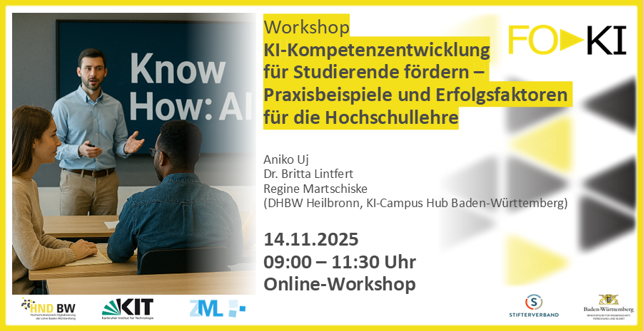 Workshop-Ankündigung zu KI-Kompetenz für Studierende, Online am 14.11.2025, 09:00–11:30 Uhr, Veranstalter-Logos sichtbar.