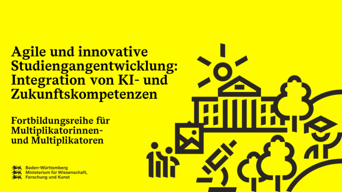 Textgrafik zu Studiengangentwicklung: Integration von KI, Zukunftskompetenzen; Fortbildung für Multiplikatoren.